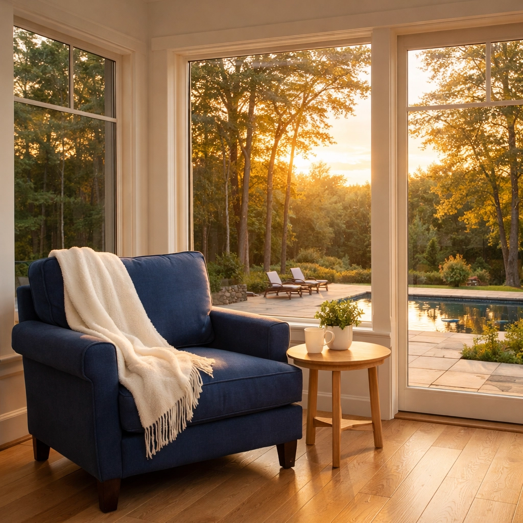 Stress-free Sherborn home care in a sunroom with clean hardwood floors and peaceful wooded views.