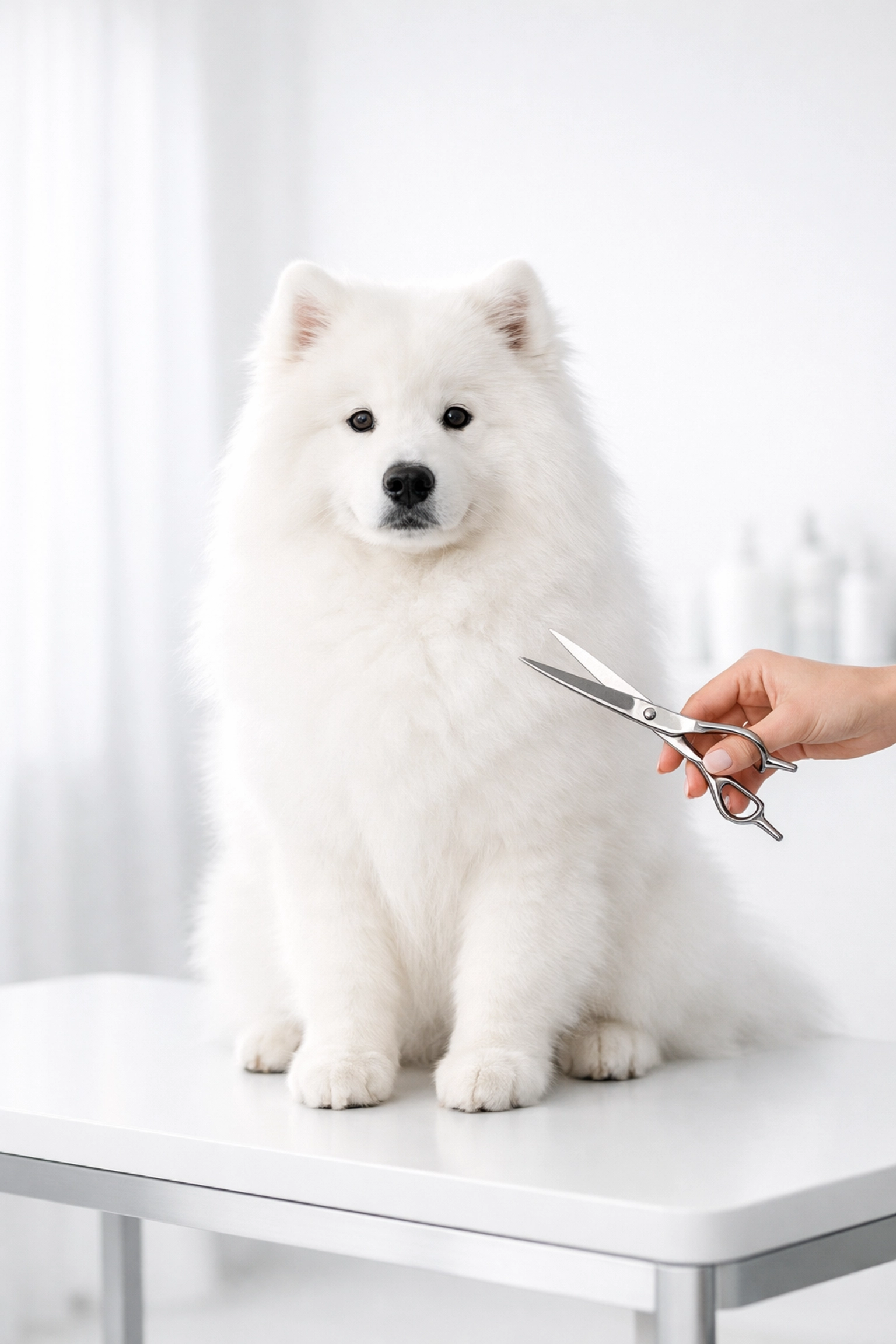 A white Samoyed dog getting groomed, representing lifestyle pet benefits insurance doesn't cover.