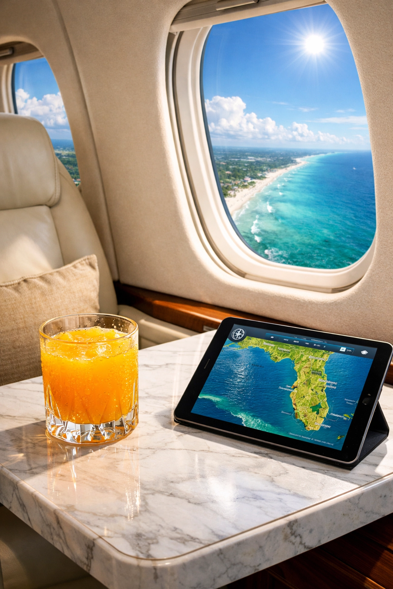 Private jet interior flying over Florida, highlighting the importance of the Miami time zone for travelers.