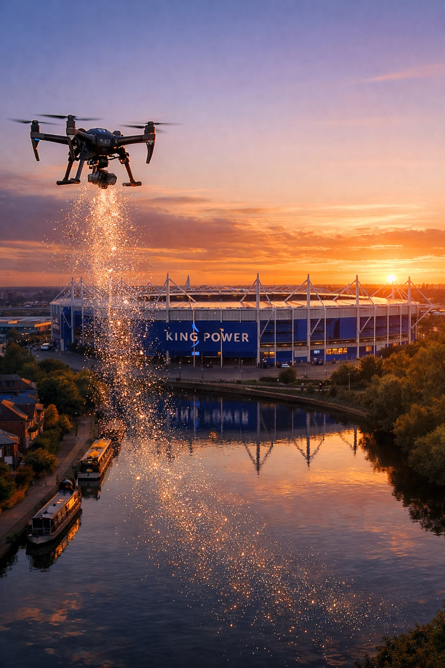 A drone releasing ashes over the Grand Union Canal near Leicester City’s King Power Stadium at golden hour.