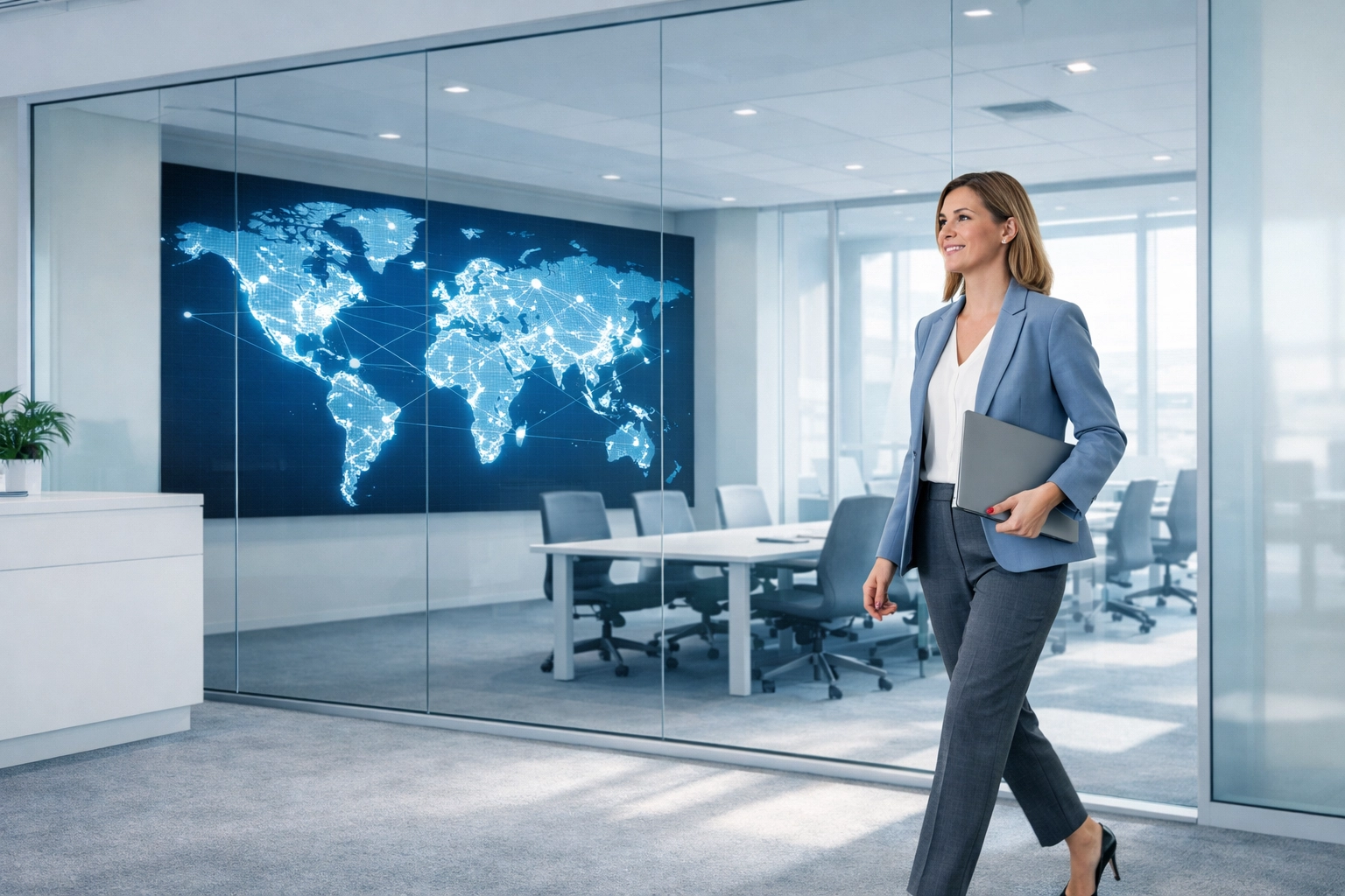 Managing global IT operations and compliance using ServiceNow ITOM in a modern enterprise office.