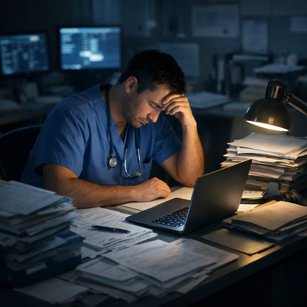 Exhausted clinician working late at desk surrounded by paperwork, illustrating documentation debt burden