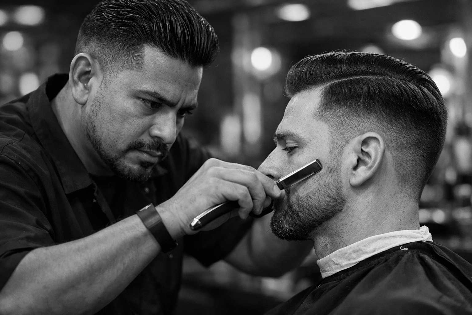 X-Quisite Cutz master barber in West Chester providing professional straight razor detailing for a local client.
