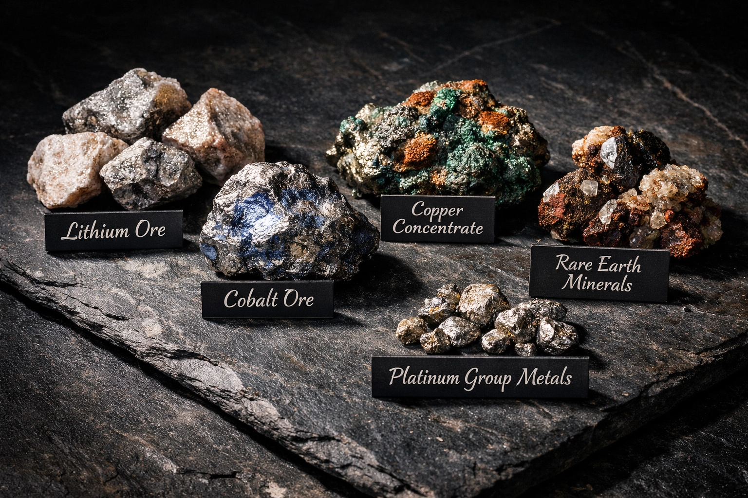 Critical mineral specimens including lithium cobalt copper at mining conferences 2026 displays
