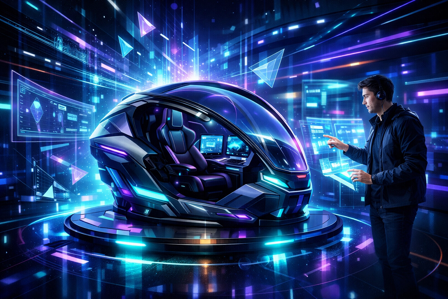 Futuristic esports simulation pod displaying the Fanz digital broadcast network for student workforce development.