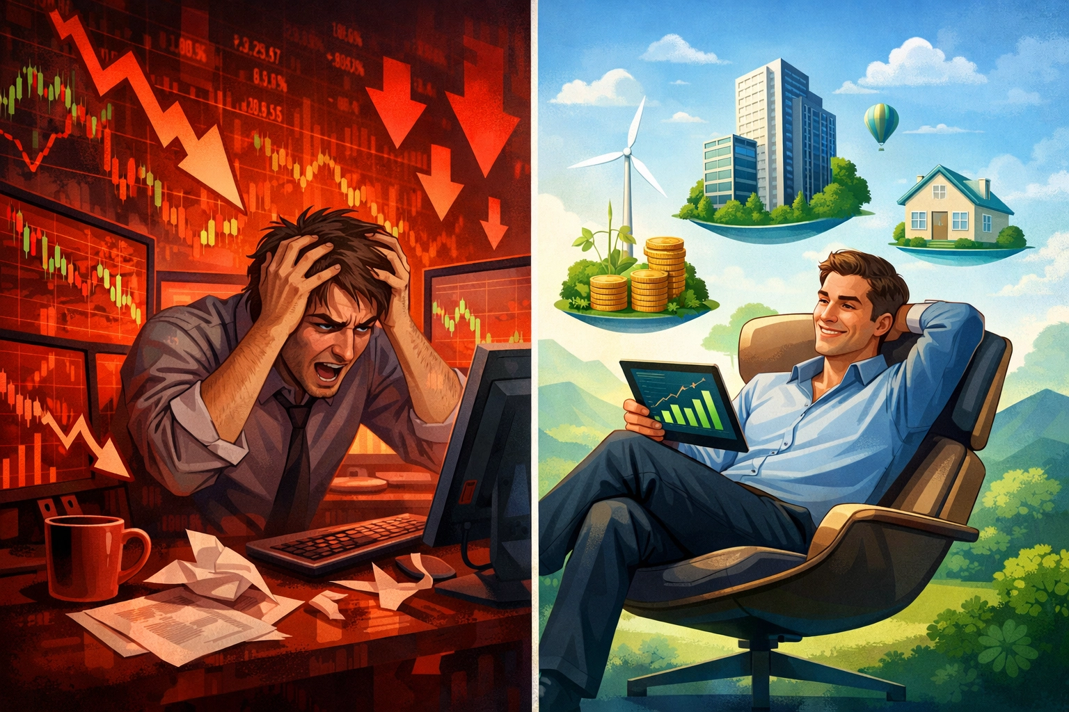 Comparison of volatile stock market versus stable alternative investment portfolios