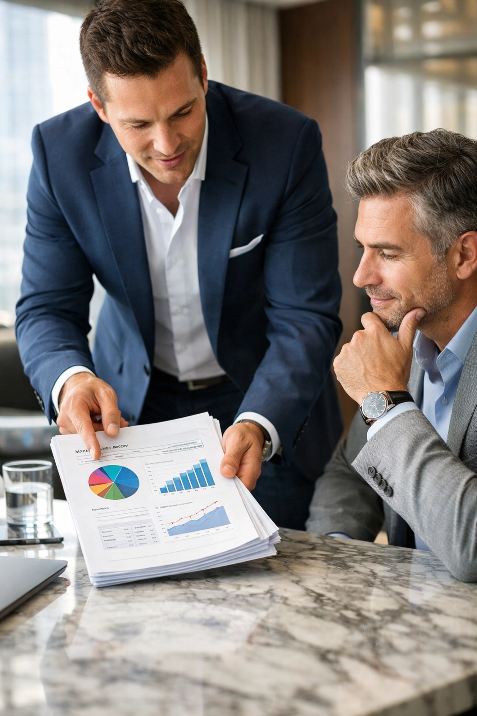 Agency owner presenting a competitive intelligence audit and GHL prospecting report to a client.