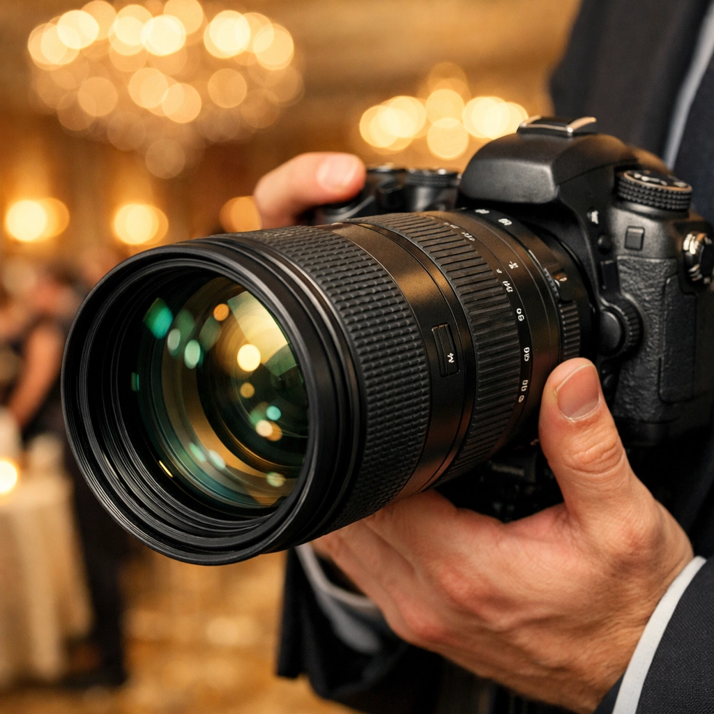 Professional event photographer gear including a telephoto lens at a luxury Miami ballroom gala.