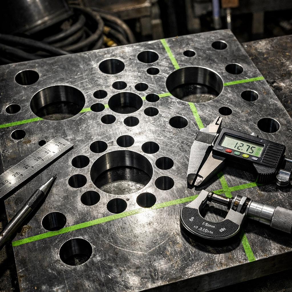 Steel fabrication template with precisely drilled bolt holes and measurement tools on work table