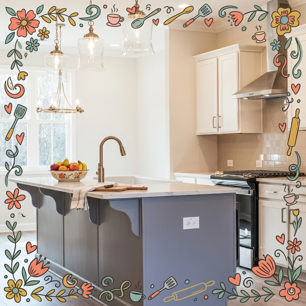 A bright and airy farmhouse-style kitchen in an Acworth home, featuring a wooden island and white cabinetry with colorful hand-drawn frame accents. A bright and airy farmhouse-style kitchen in an Acworth home, featuring a wooden island and white cabinetry with colorful hand-drawn frame accents.
