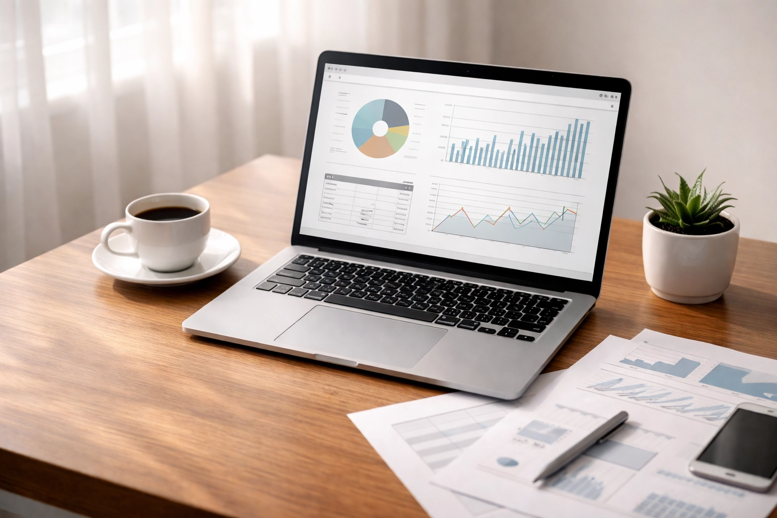 Laptop with financial charts and planning documents on a tidy desk, highlighting the technology efficiency in outsourced paraplanning.