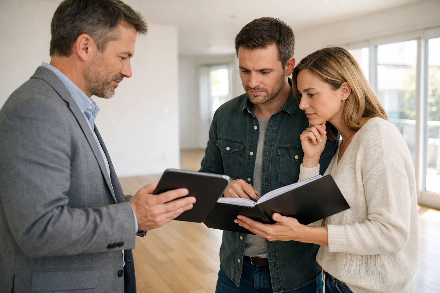 Professional advisor helping a couple review documents for an Omaha real estate auction.