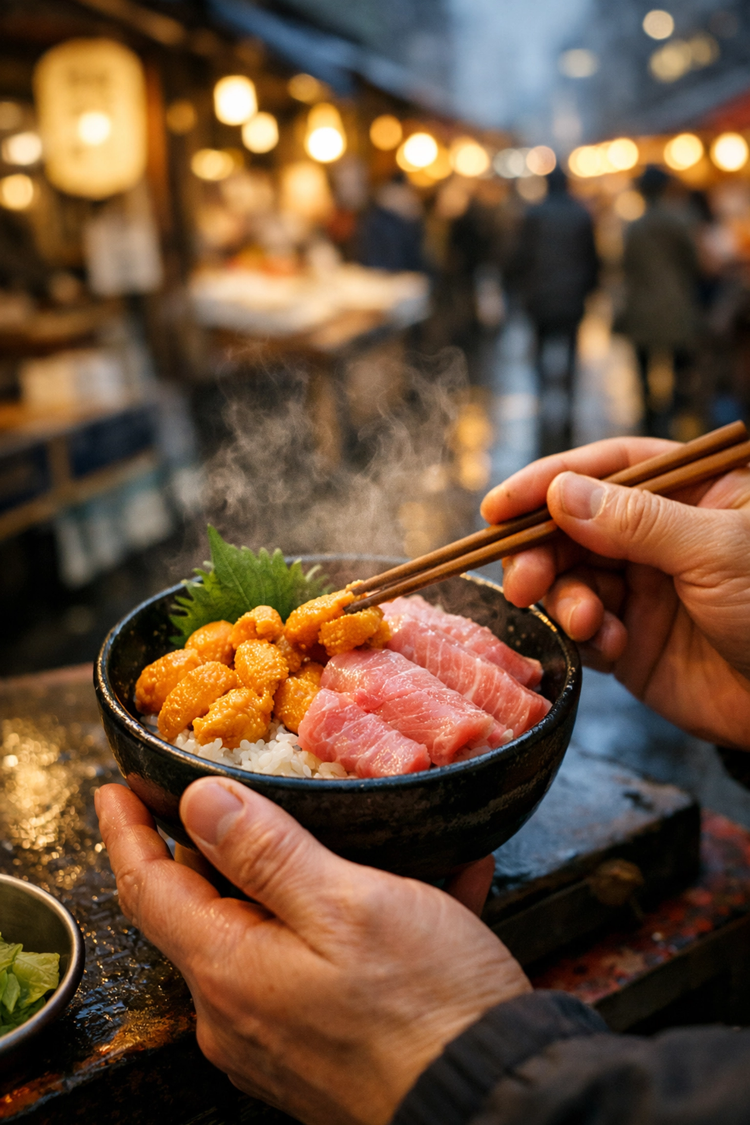 Vendor plating uni and toro donburi at Tsukiji Outer Market, Tokyo food tour highlight