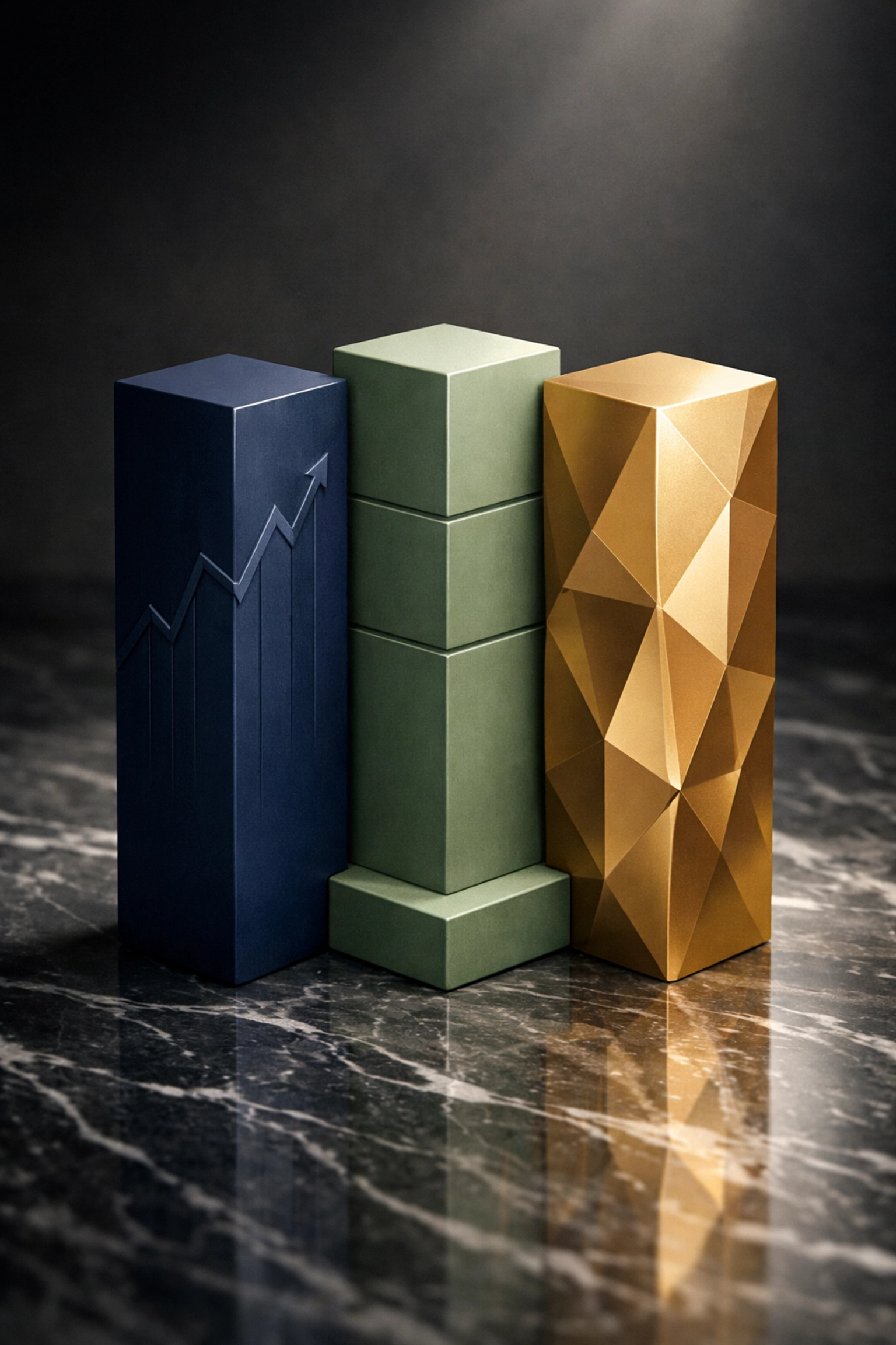 Three pillars representing 40/30/30 portfolio allocation: stocks, bonds, and alternative investments