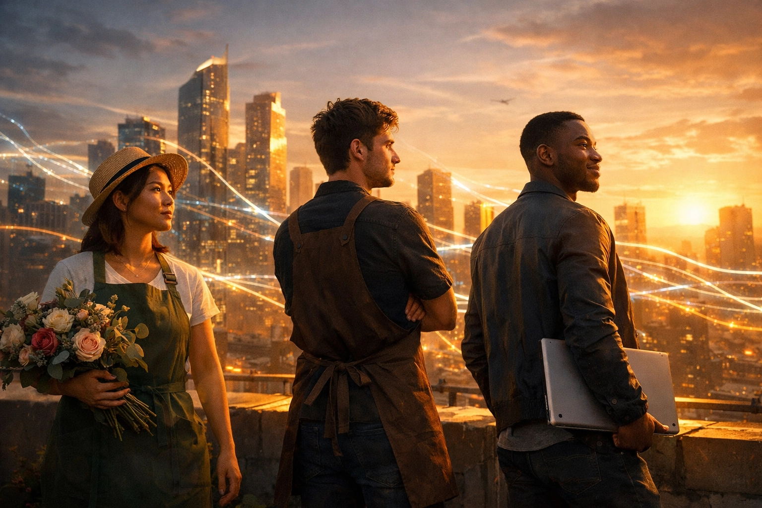 Business owners looking at a digital skyline representing the global Web3 payment and crypto POS movement.