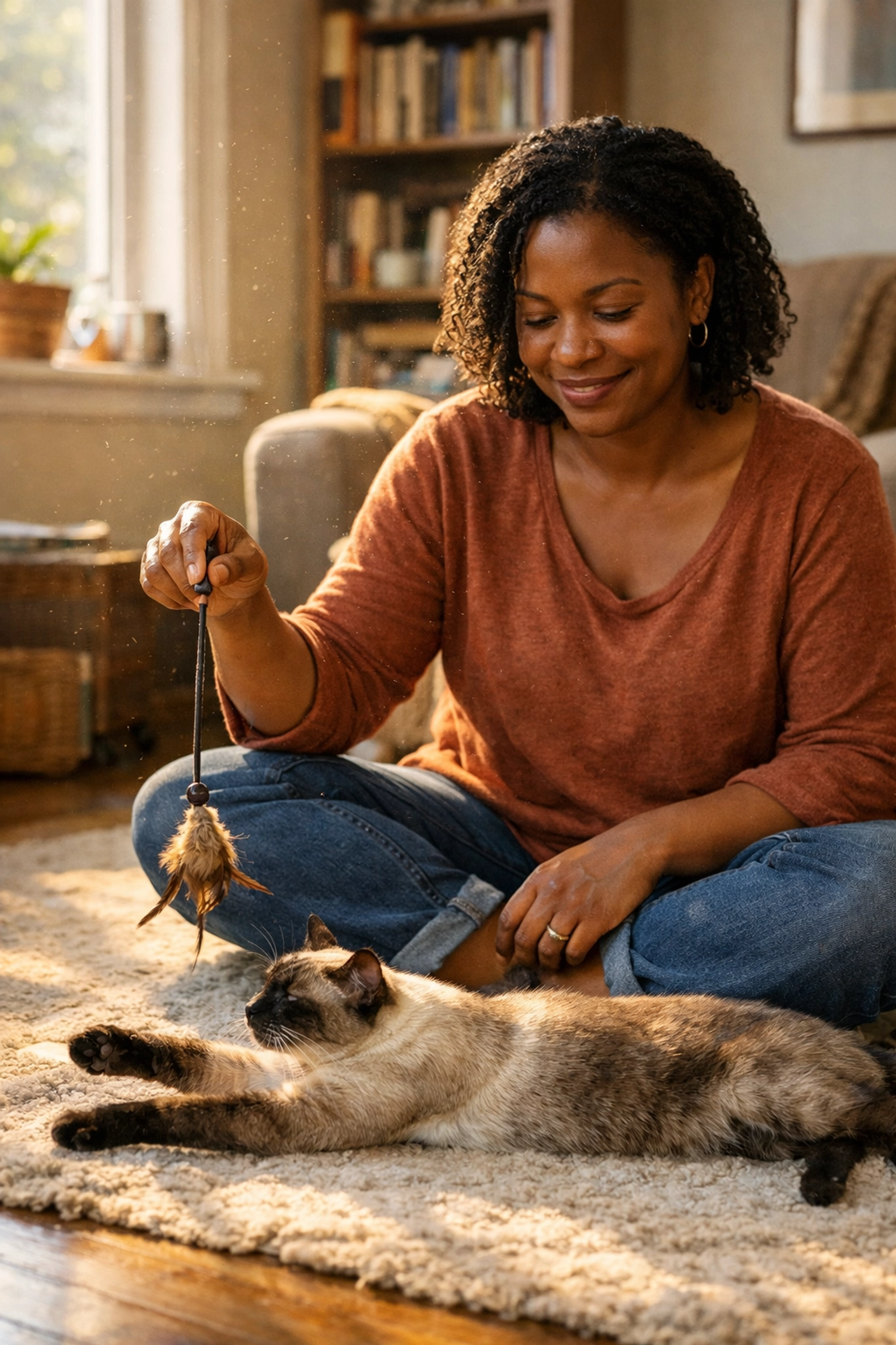 Professional cat sitting in San Francisco providing in-home care for a relaxed Siamese cat.