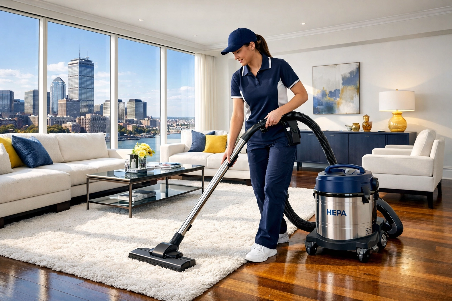 Professional cleaner using HEPA vacuum in a modern Boston home, ensuring quality cleaning services near me.