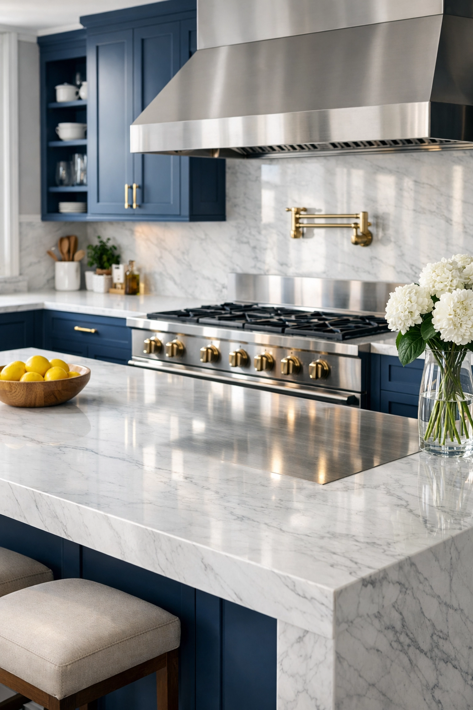 Expert deep cleaning services in a luxury Massachusetts kitchen with polished marble countertops and clean appliances.
