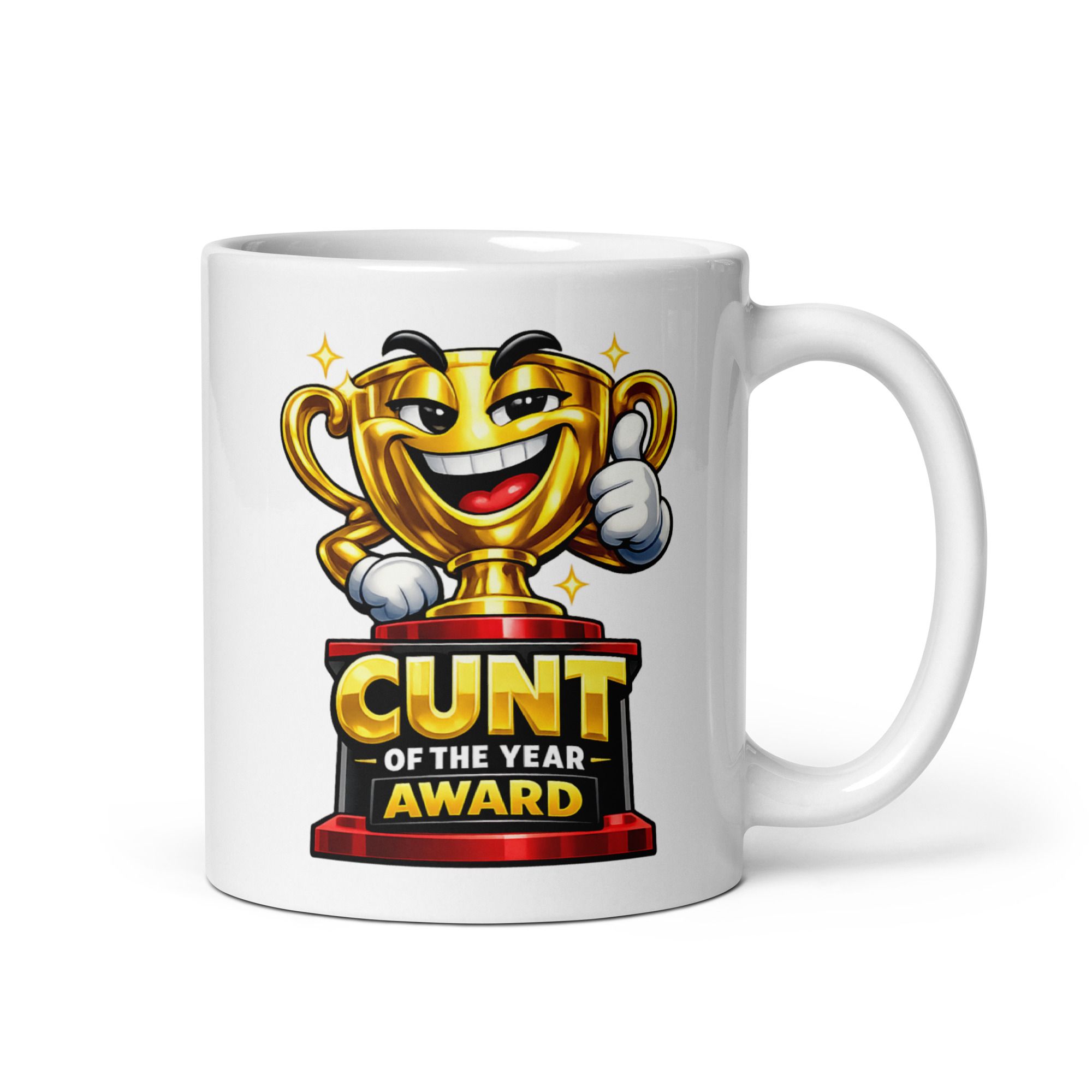 Cunt of the Year Award mug with a cartoon trophy.