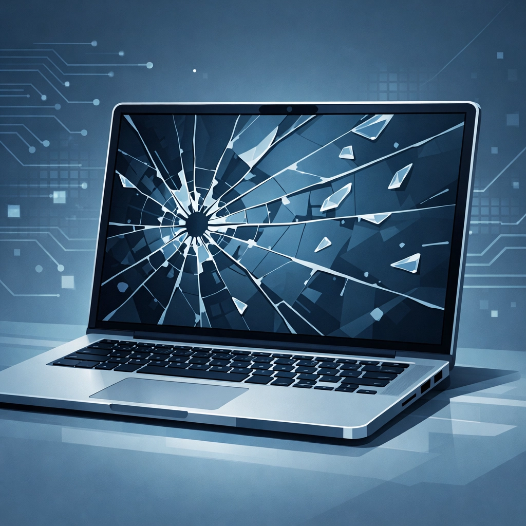Damaged laptop with cracked screen requiring professional screen replacement service