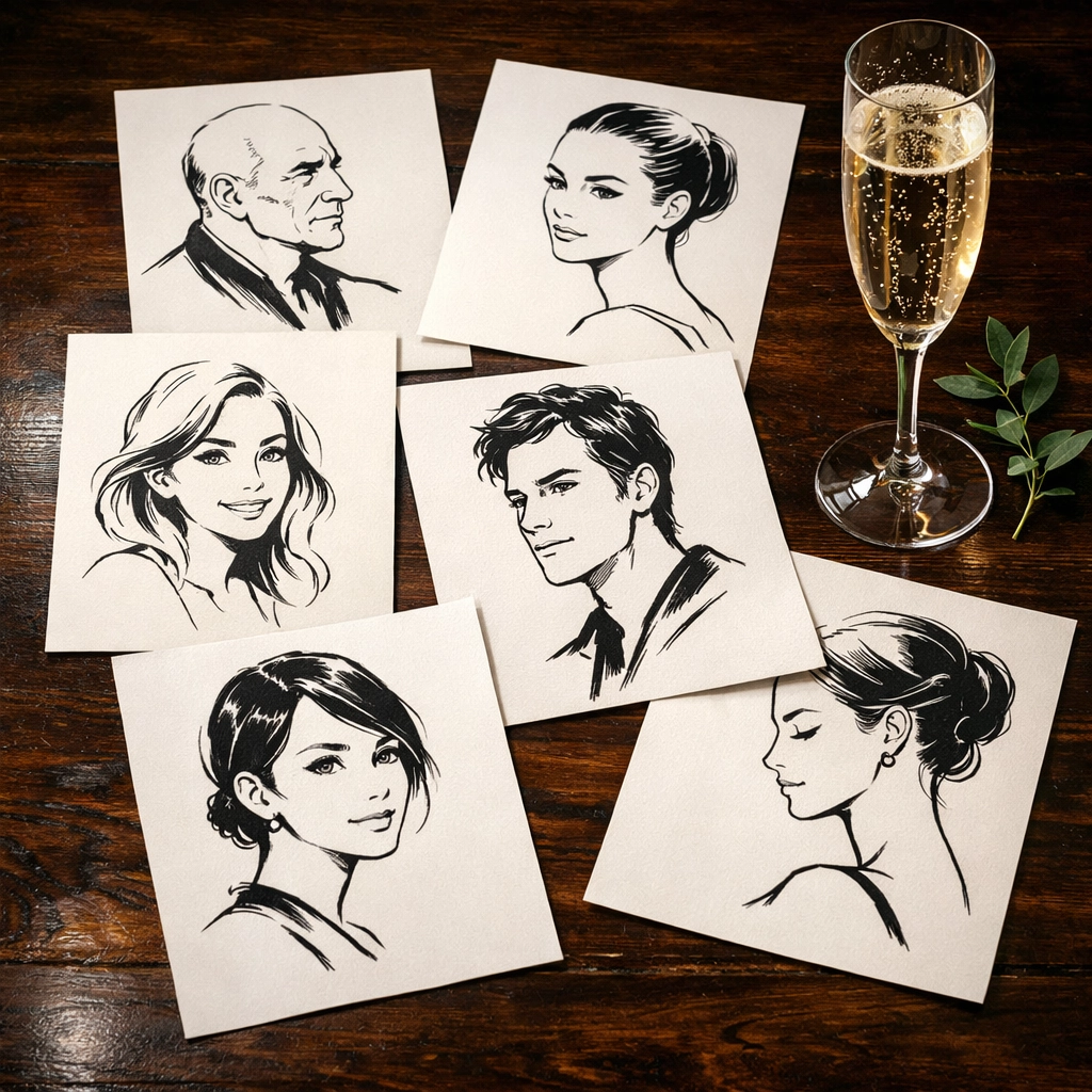 Minimalist ink sketches created by an AI SketchBot on display at a sophisticated event.