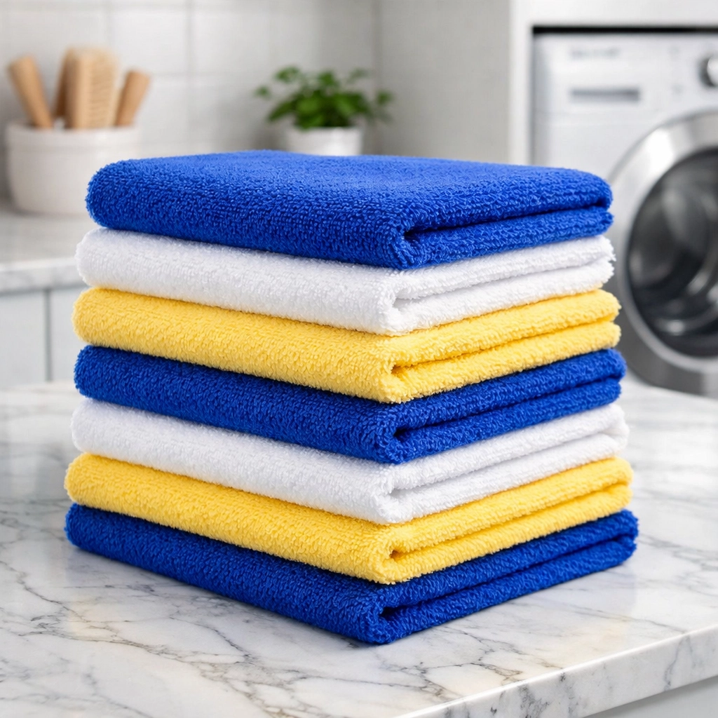 Freshly laundered microfiber cloths for high-quality residential deep cleaning services.