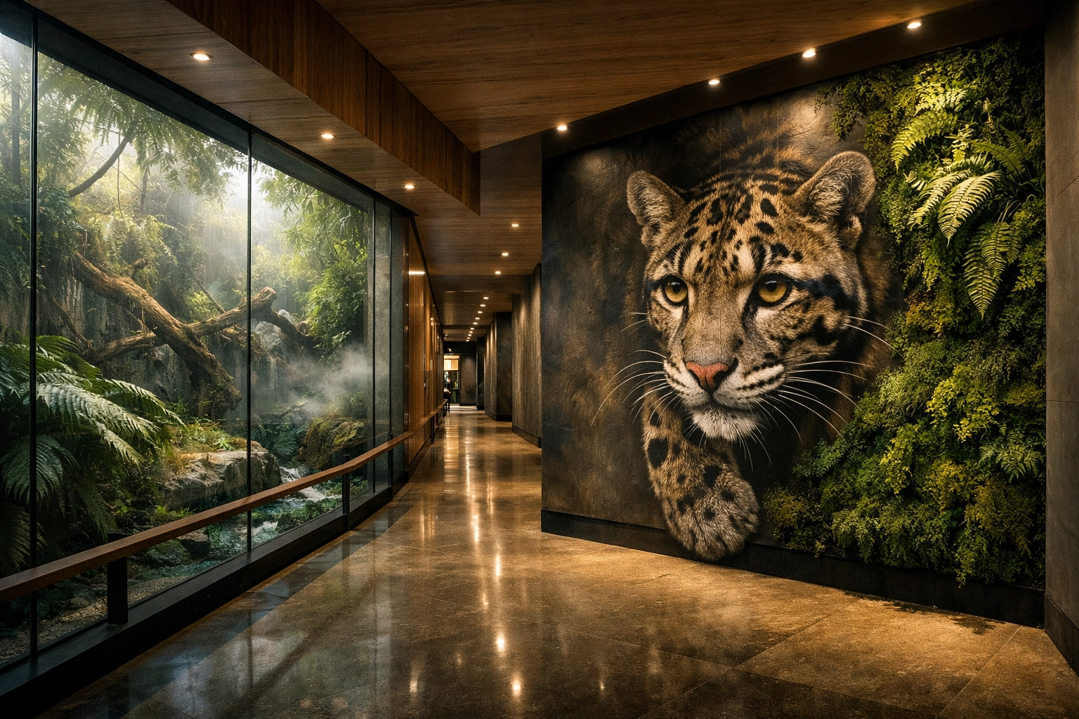 Modern zoo interior corridor featuring a clouded leopard mural and a lush living vertical garden wall.