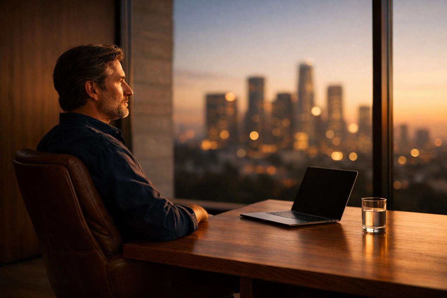A focused founder in a calm office after reclaiming focus and productivity with an AI executive assistant.