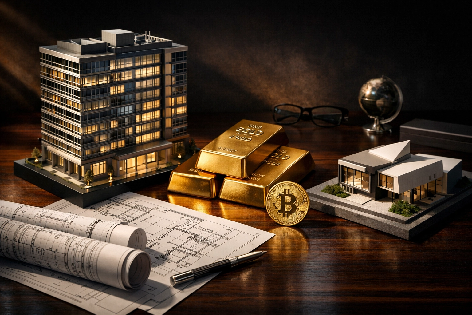 Diversified alternative investment assets including real estate, gold, Bitcoin, and private equity