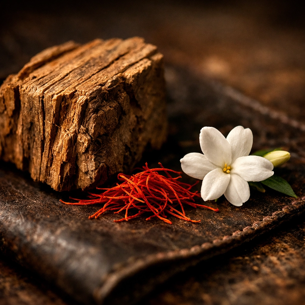 Raw cedarwood, saffron, and jasmine on leather, illustrating the complex Command & Conquer scent profile.