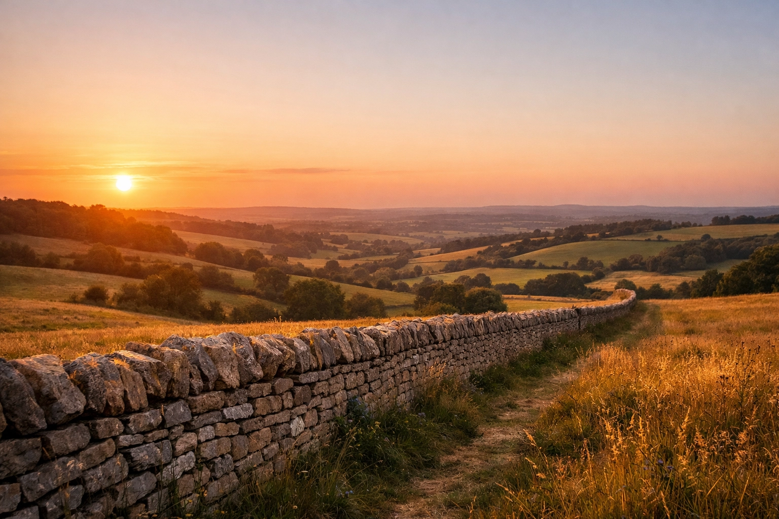 Scenic sunset over the Cotswold hills and a traditional dry-stone wall in the English countryside.