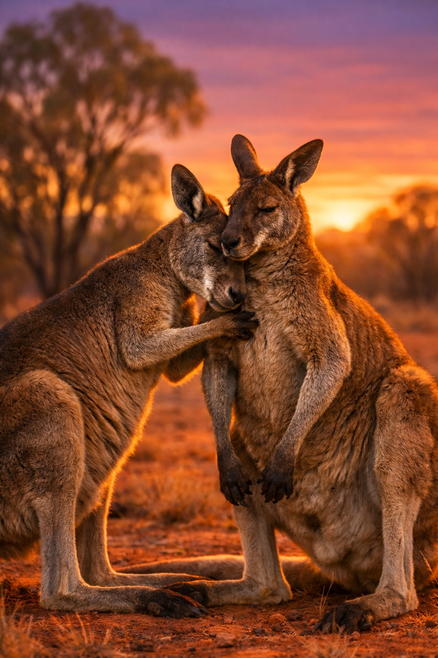 Two male kangaroos in the Australian outback grooming each other, demonstrating social bonding and intimacy.