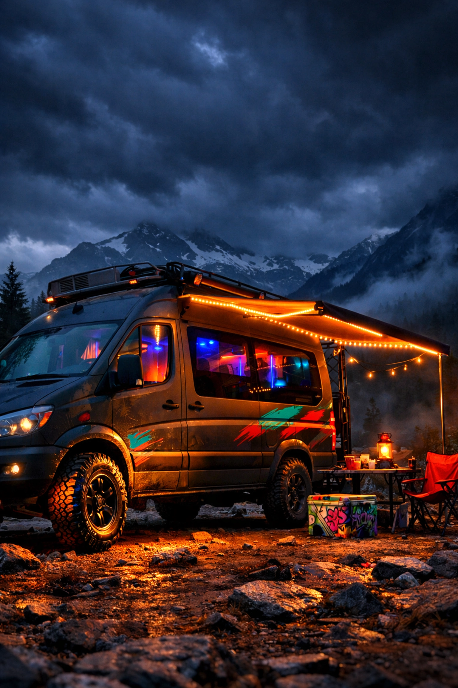 Custom Sprinter van with awning and LED lighting at mountain campsite for mobile living