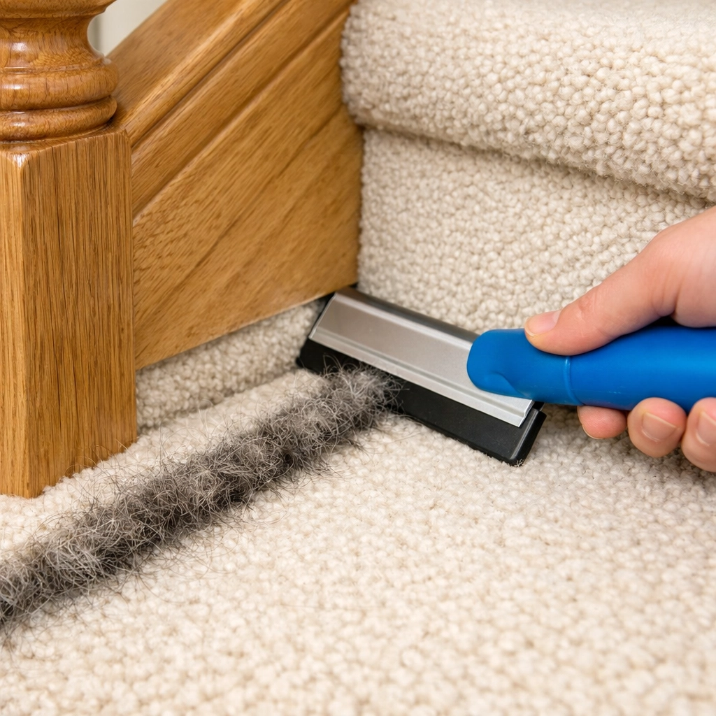 Handheld squeegee removing stubborn pet hair from the corner of cream-colored carpeted stairs.
