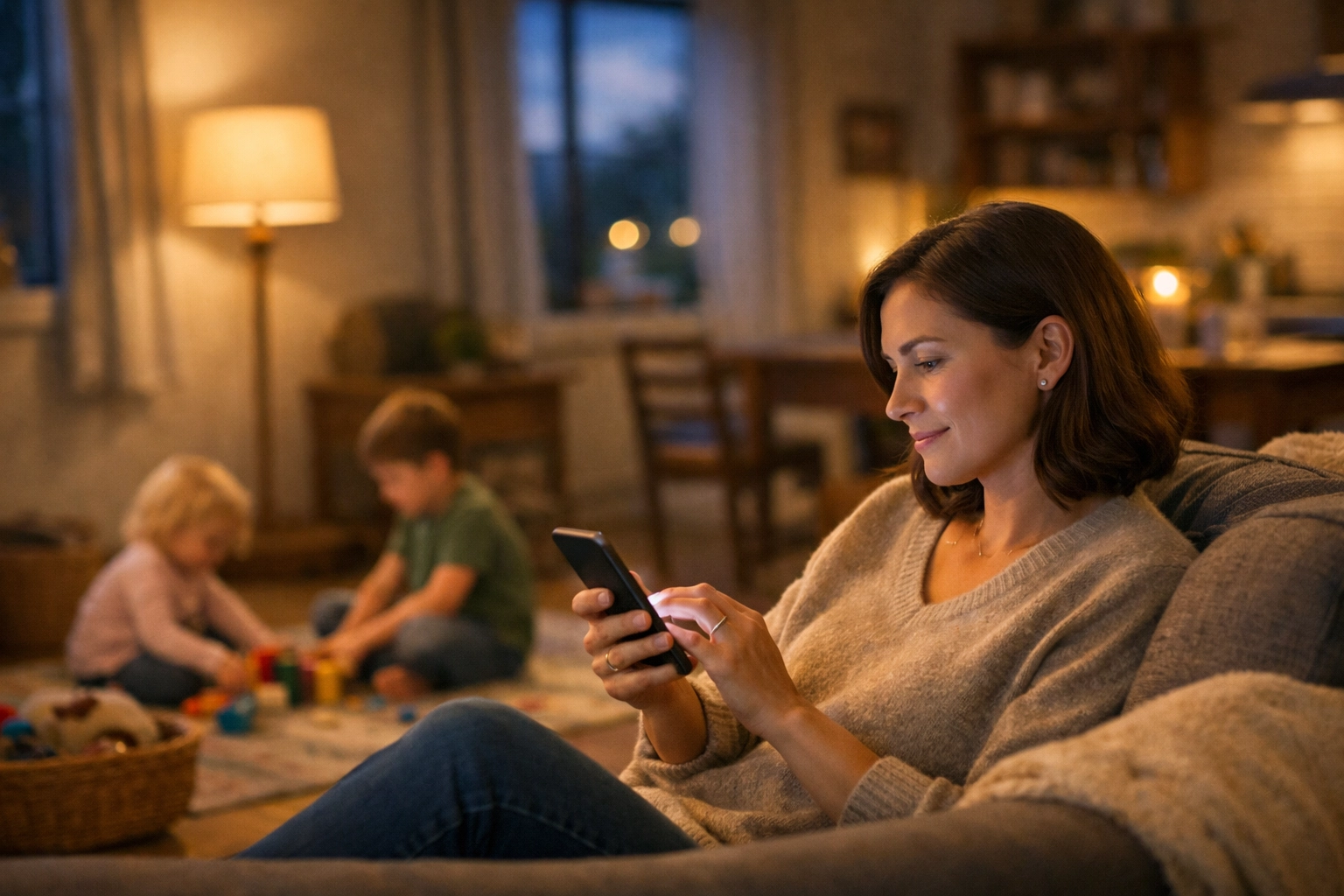 Parent checking news on phone while children play peacefully in living room at 5 PM