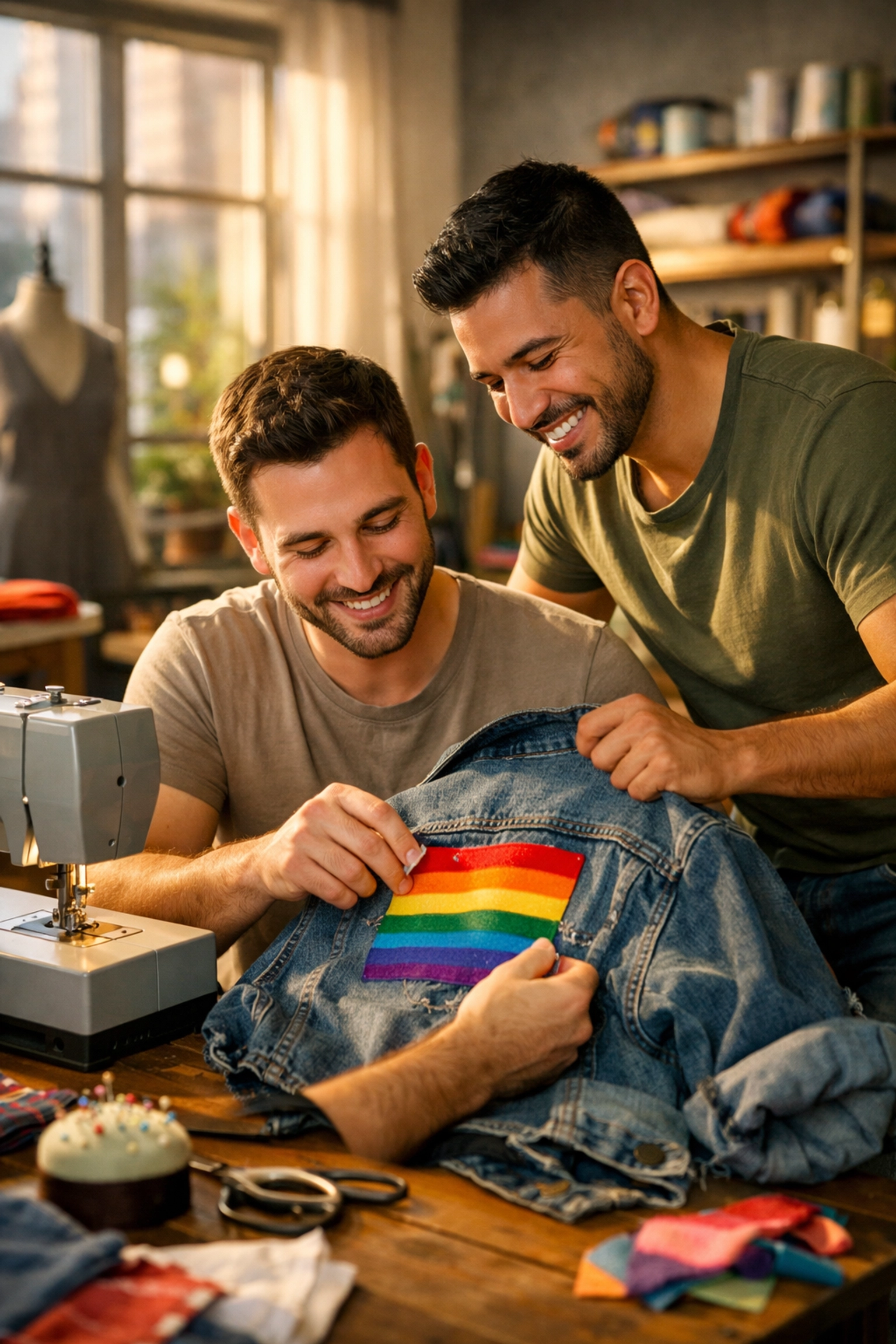 Two gay men sewing a rainbow pride patch onto a denim jacket during a community queer hobby workshop.