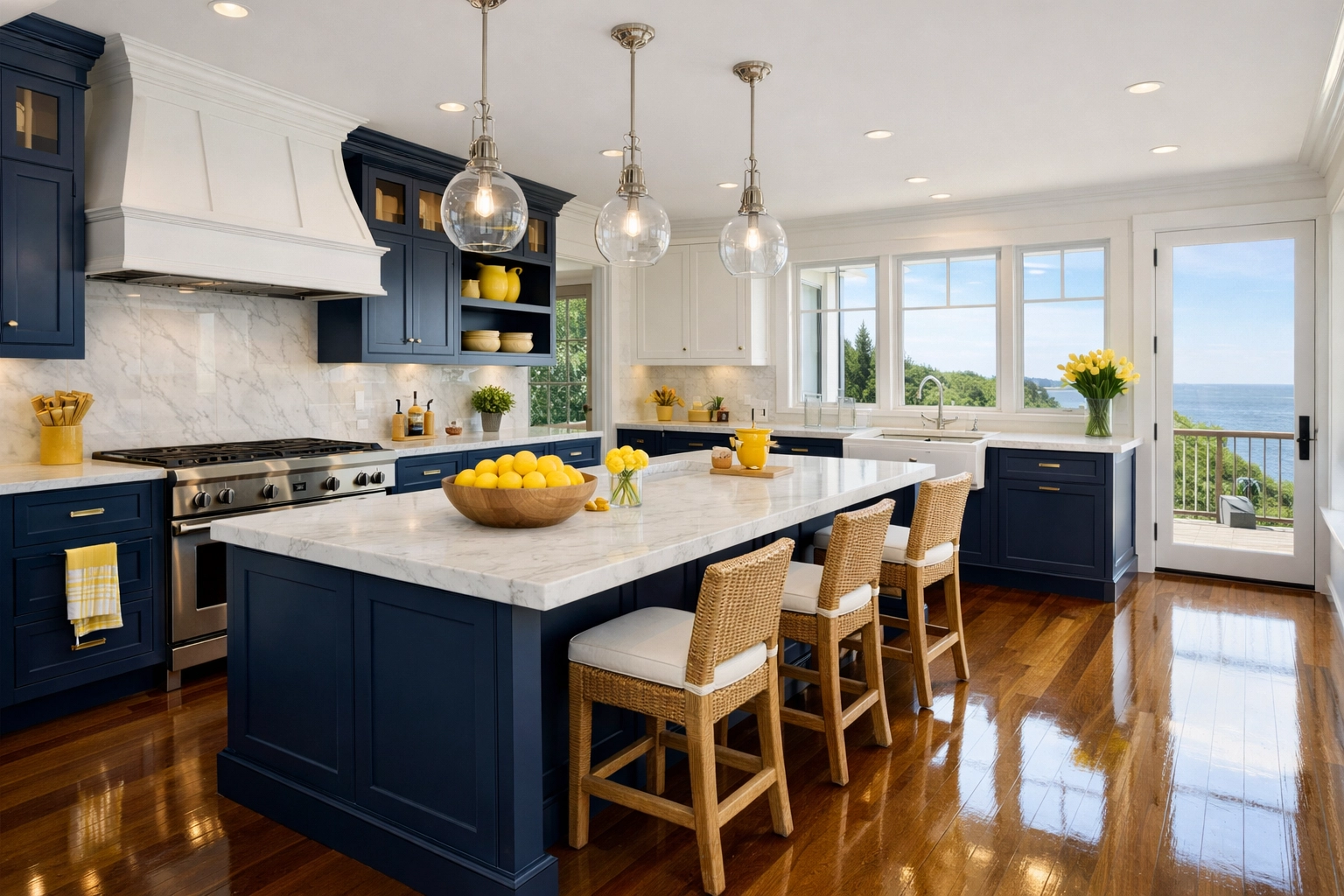 Spotless modern coastal kitchen with sparkling marble countertops after a professional house cleaning Beverly MA session.