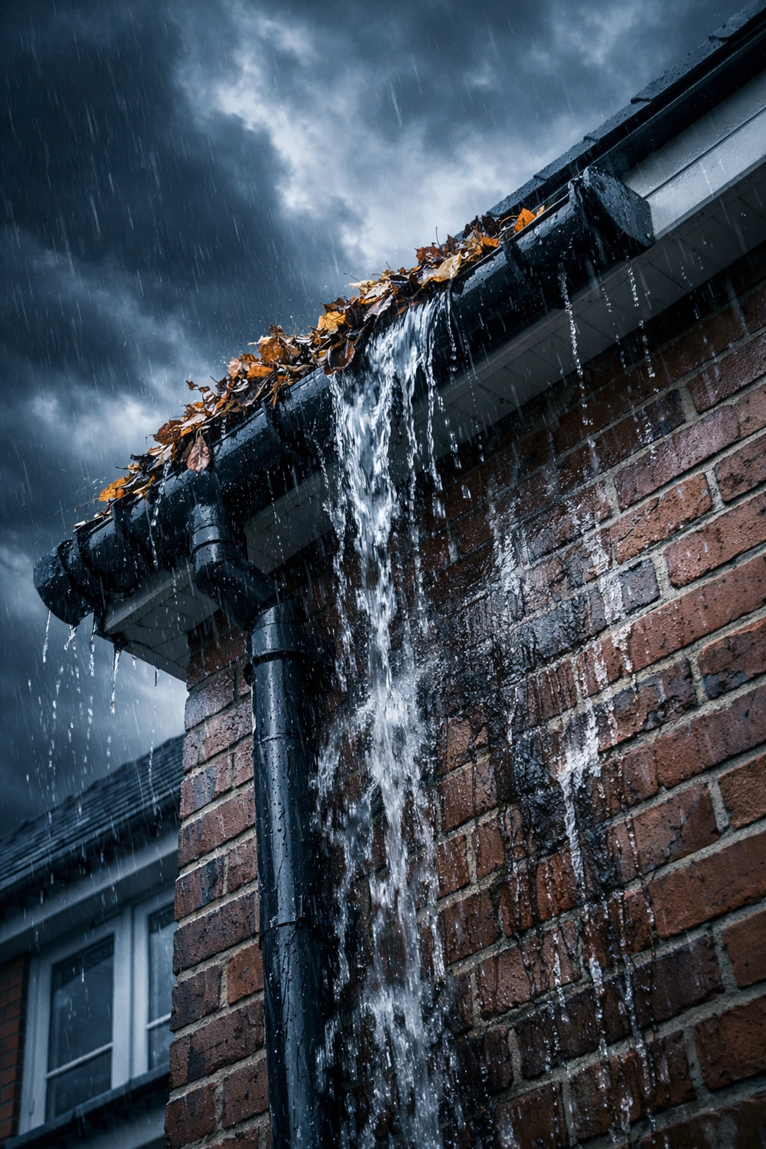 Overflowing gutter filled with autumn leaves causing water damage to brick wall
