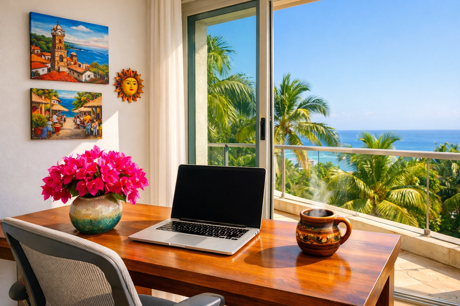 Modern Puerto Vallarta condo workspace with ocean view perfect for digital nomads and remote work