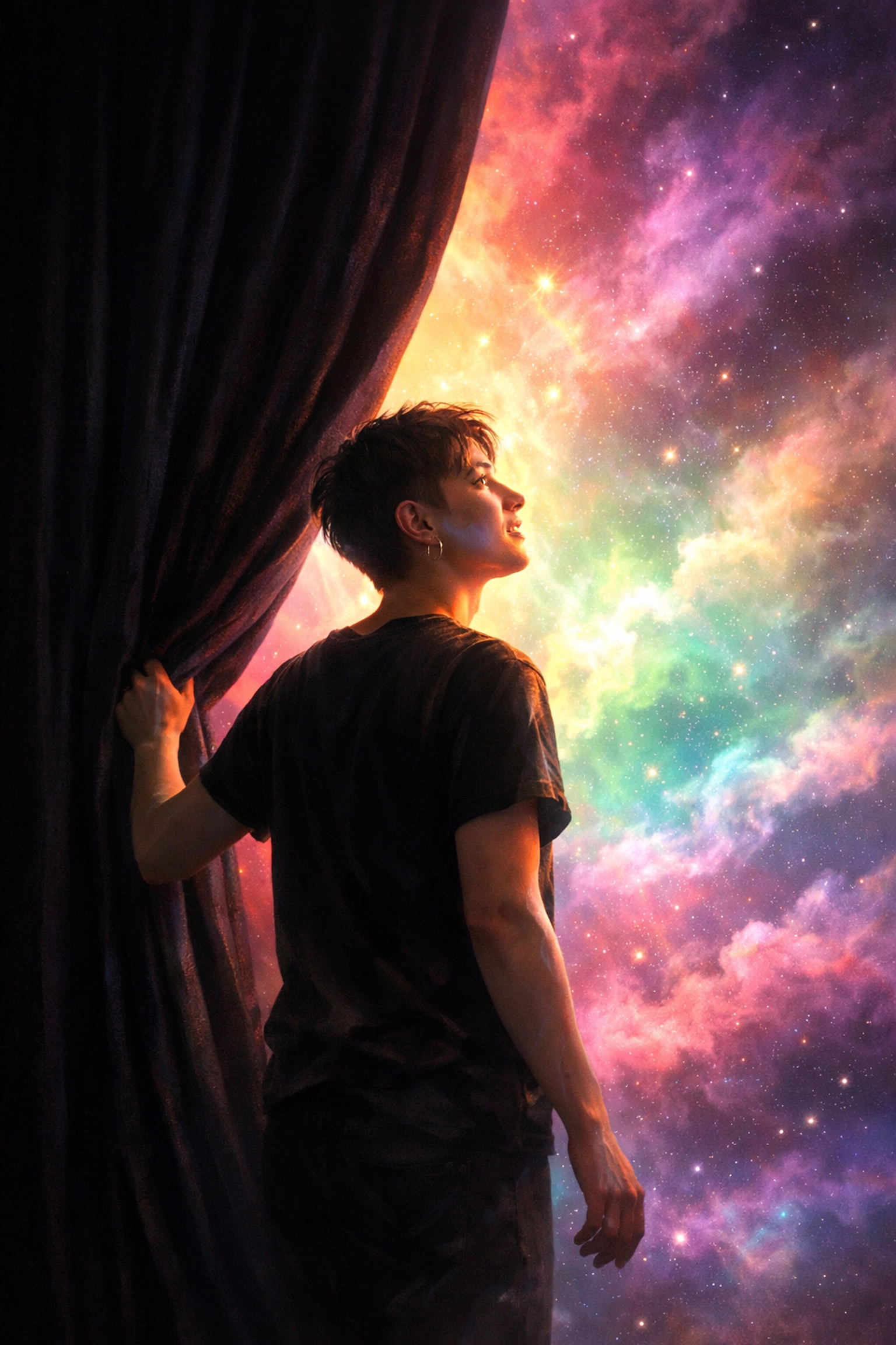 A person stepping into prismatic light, symbolizing the sacred spiritual journey and rebirth of coming out.