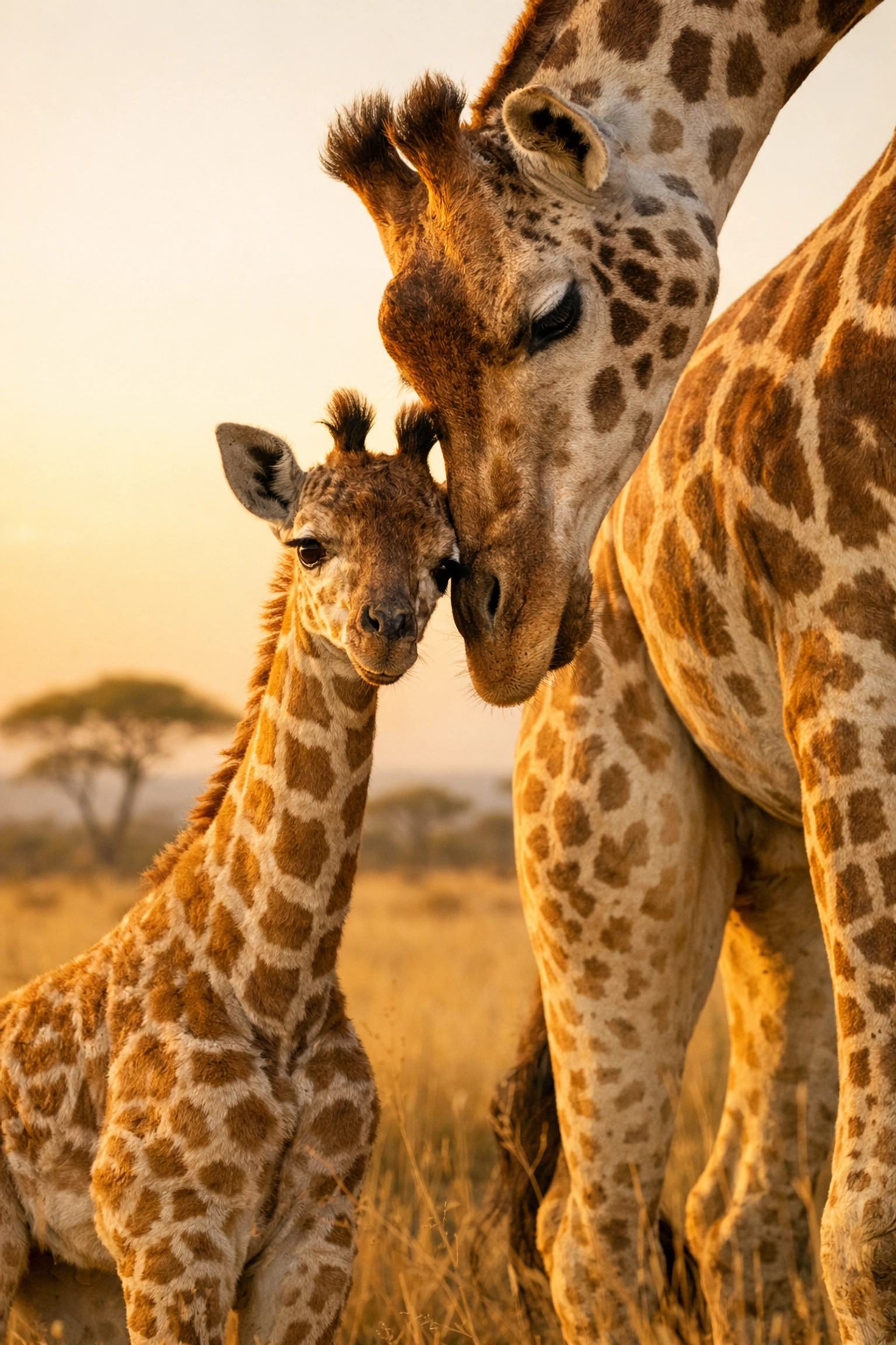 Mother giraffe and calf in the sunset, showing positive impact in sustainable wildlife marketing.