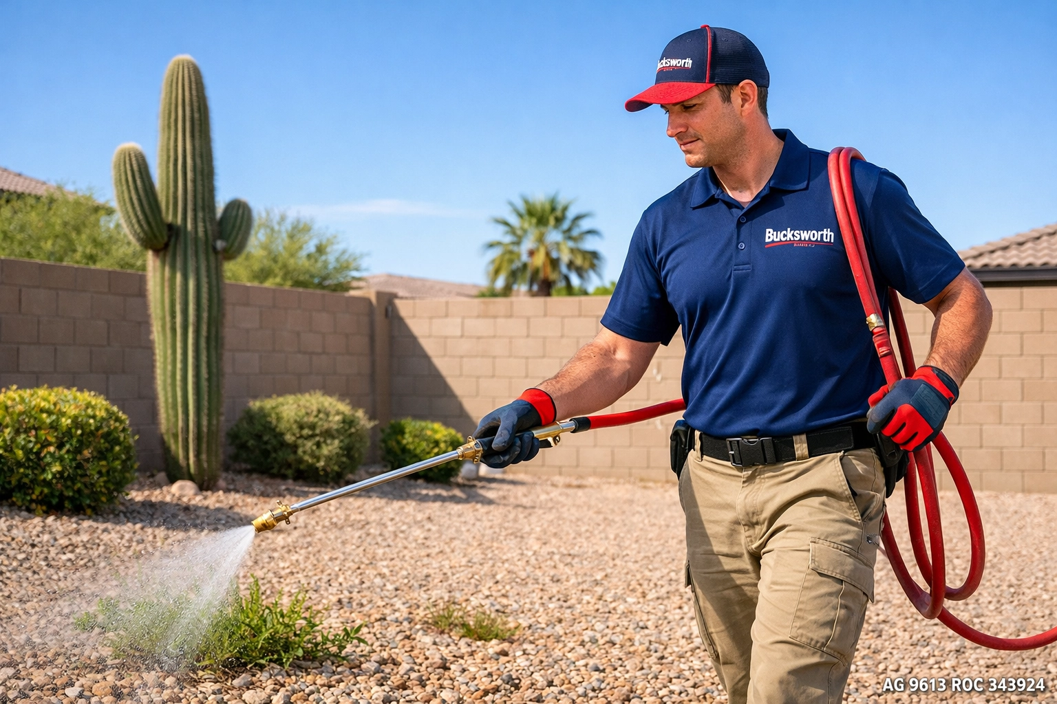 Bucksworth Home Services technician performing professional weed control in a Peoria AZ backyard.