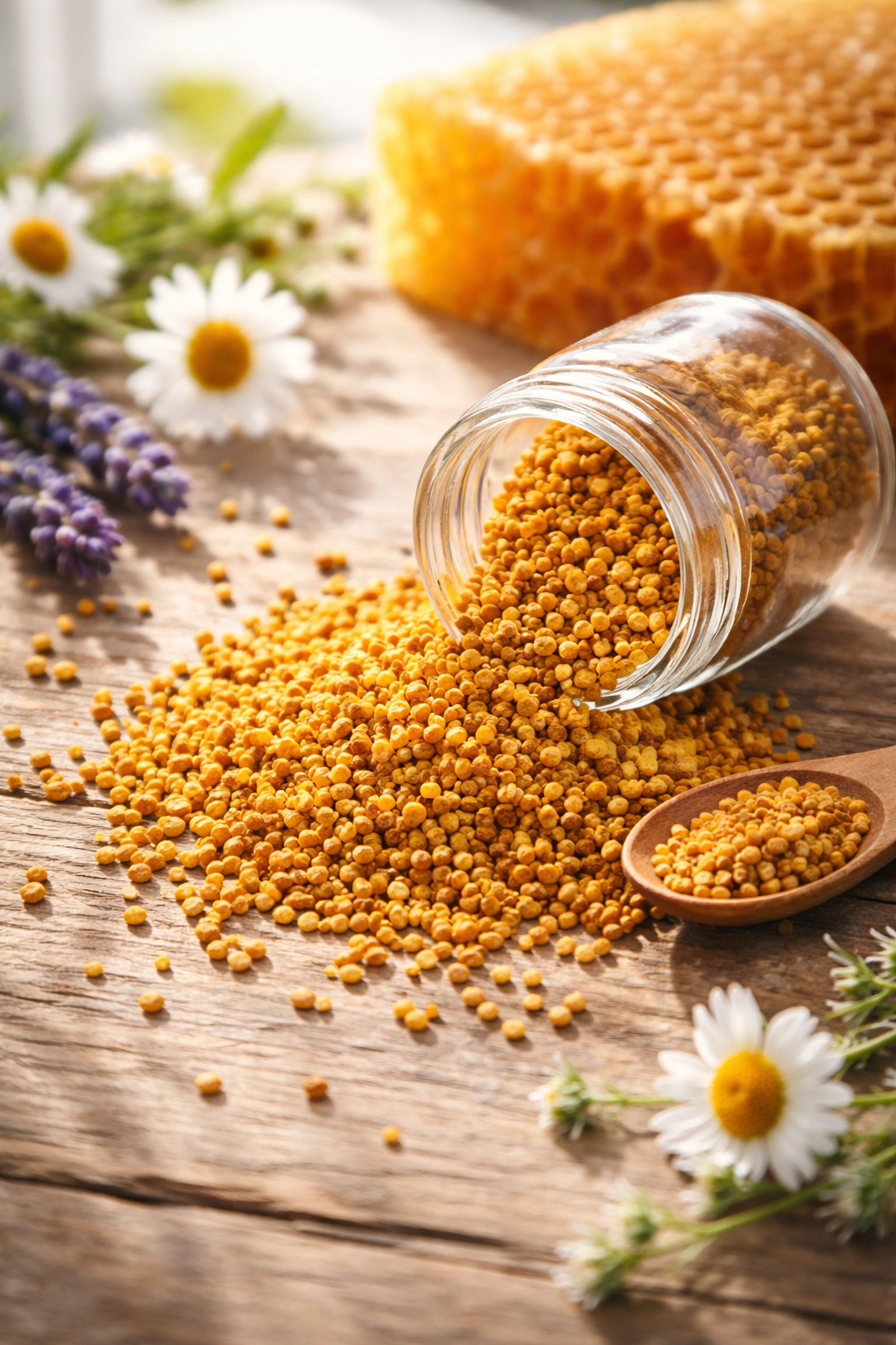 Organic bee pollen granules and honeycomb on a rustic wooden surface, showcasing natural nutrient density