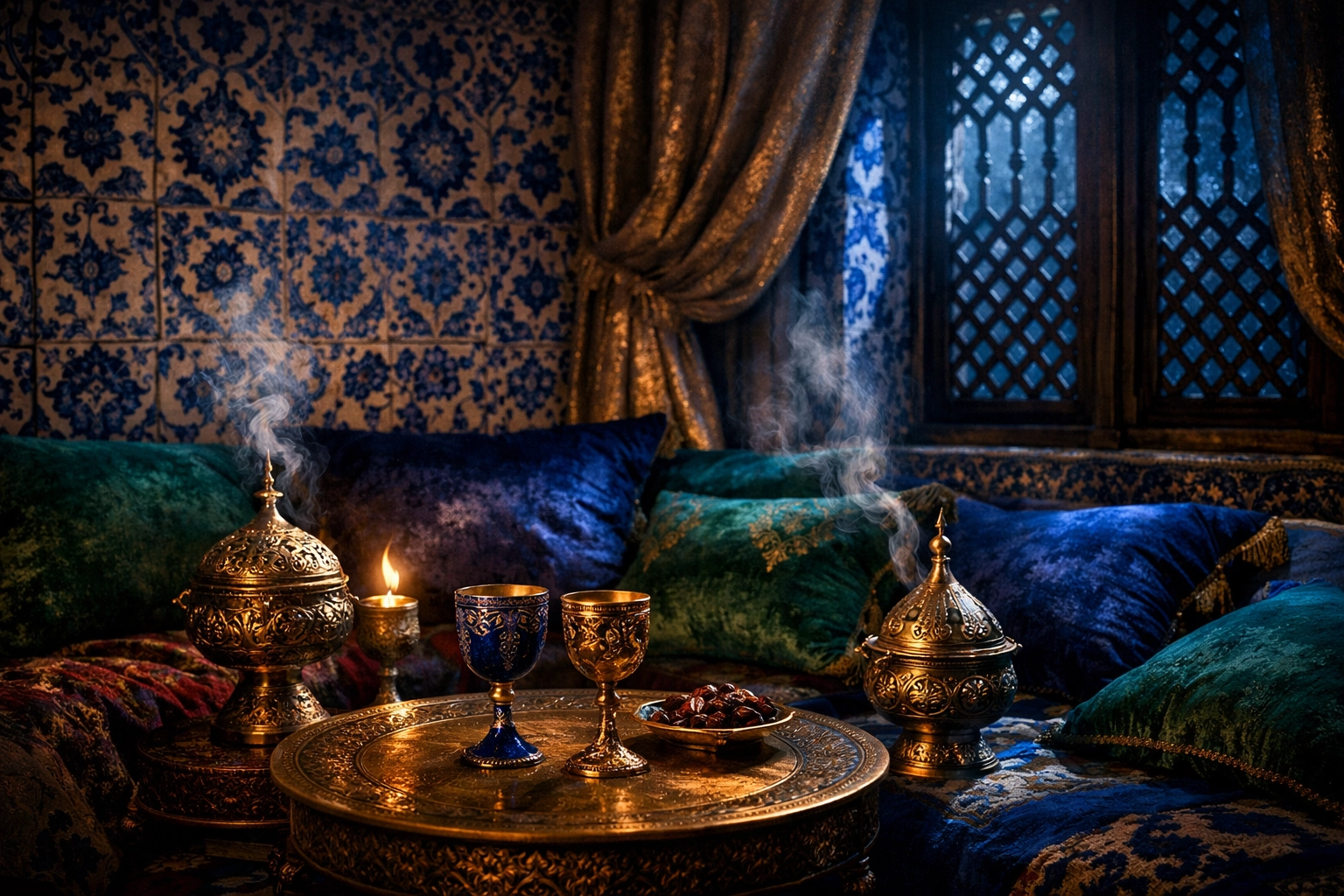 Private Ottoman palace chamber with cushions and incense burners for sultan's male favorites