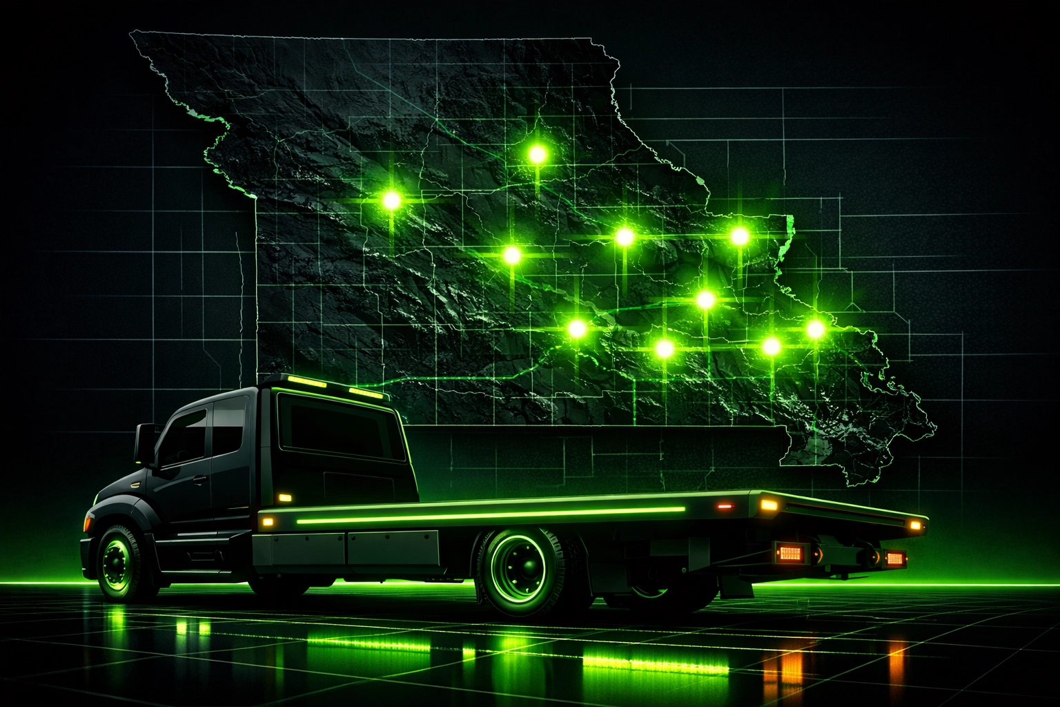 Map of Missouri emergency towing locations featuring 24/7 flatbed recovery and roadside service.