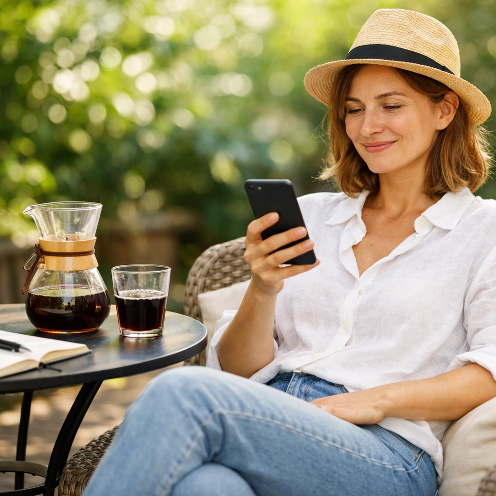 Enjoying the freedom of a stress-free coffee dropshipping business from a sunny outdoor patio.