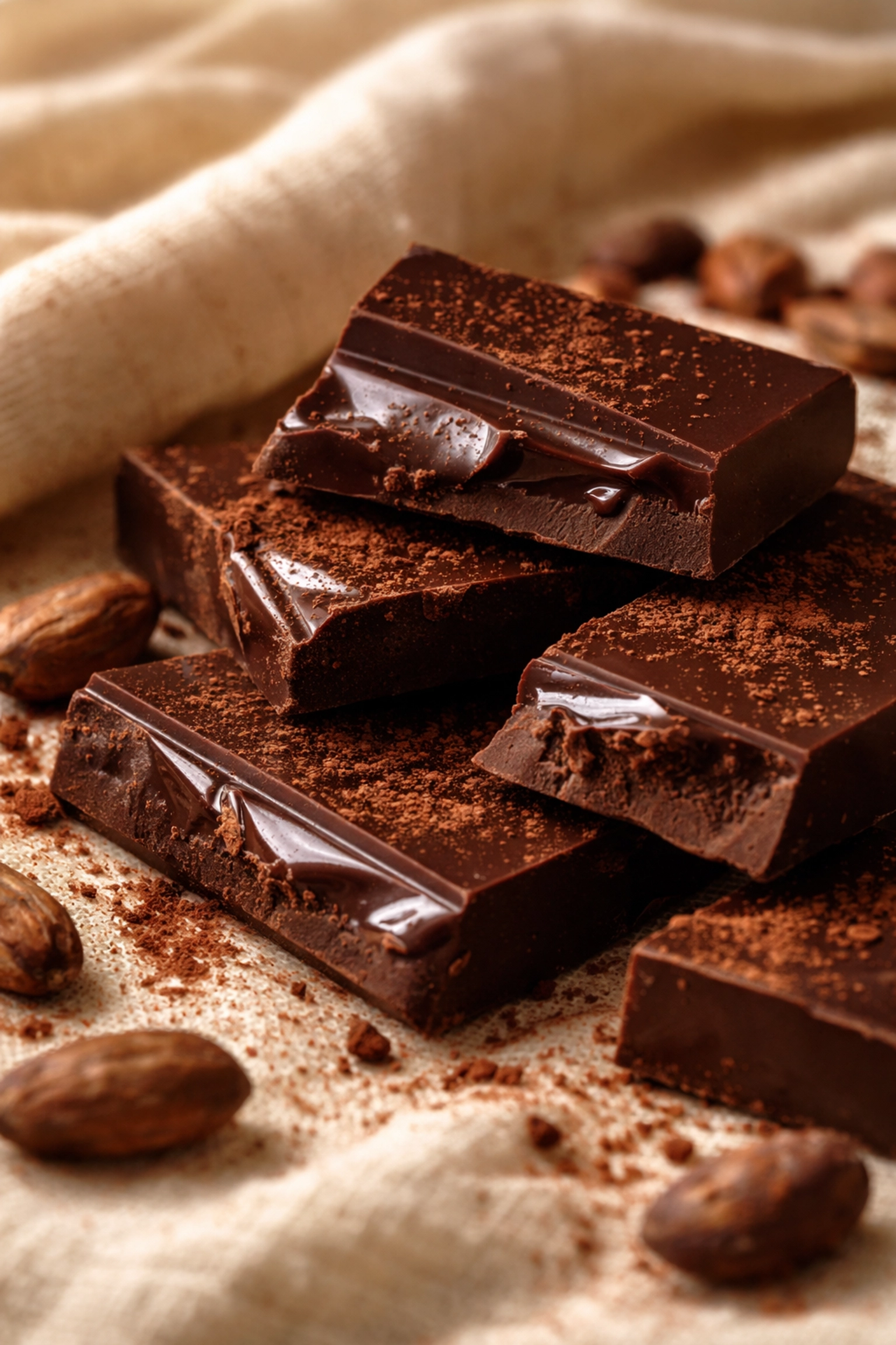 Close-up of broken artisan dark chocolate with cacao beans and cocoa powder, emphasizing natural ingredients