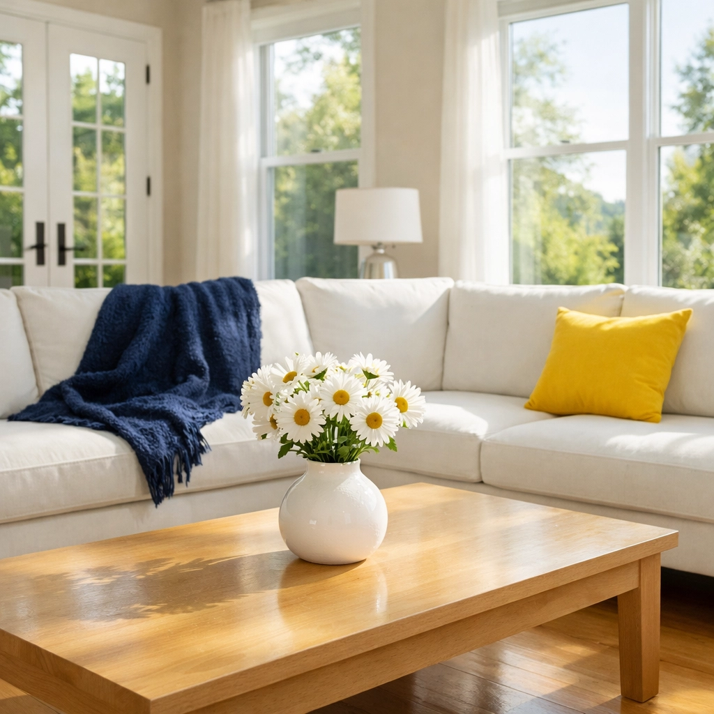 Clean and sun-drenched living room in Shrewsbury showing the mental health benefits of a tidy home.