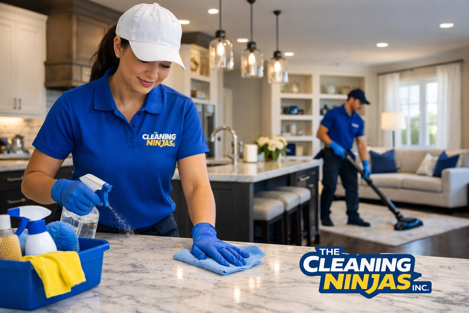 Spotless marble kitchen island in a Boylston home after a professional weekly house cleaning service. A sparkling clean kitchen island in a Boylston home, reflecting the cleaning ninjas touch.