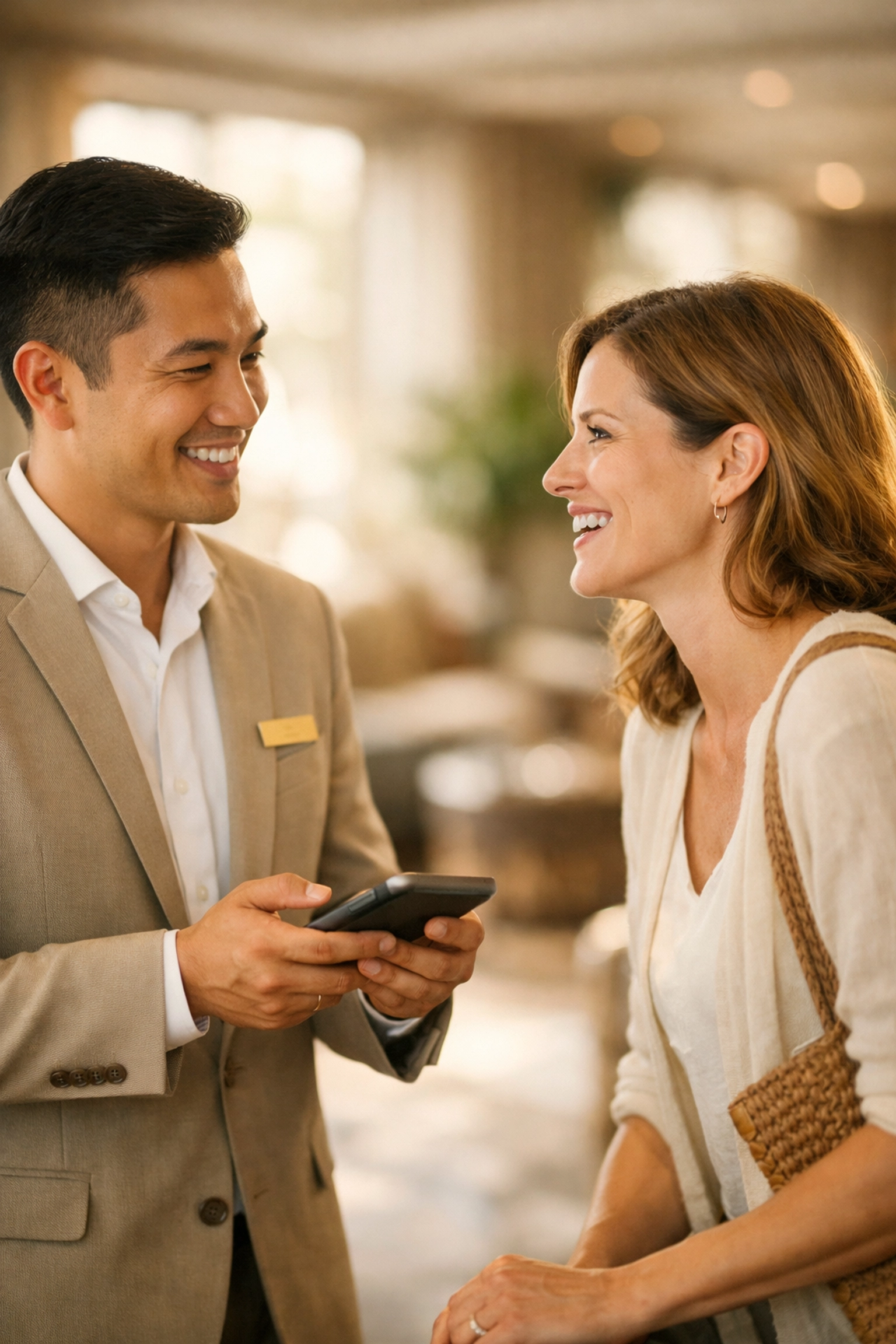 A hotel staff member using a mobile device to assist a guest, highlighting seamless hospitality and connection.